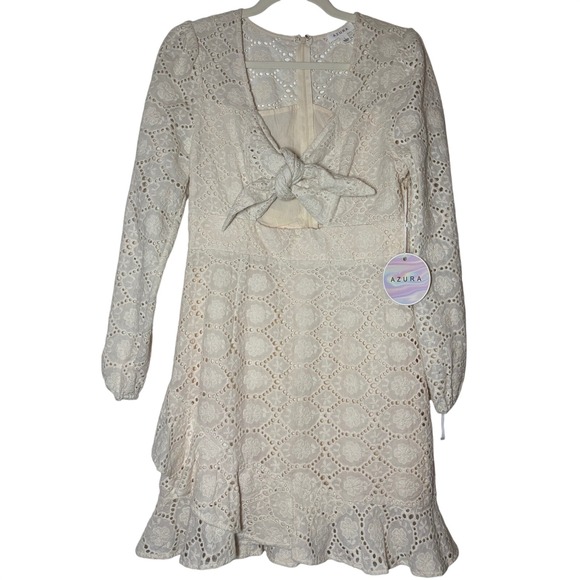 Azura Dresses & Skirts - Azura Mini Dress Women's Cream NWT Excellent Eyelet Tie Front Long Sleeve Large